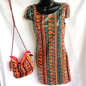 Mittoshop Multicolored sequin mini dress with open back & Matching Bag, Sz S